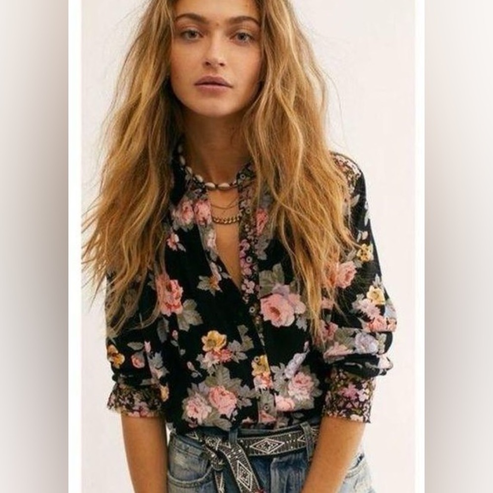 Free People Black Floral Button-Up Blouse with Pink and Yellow Blooms